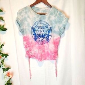 Guess Tie‎ Dye Crop Top Blue and Pink Ruched sides Size M